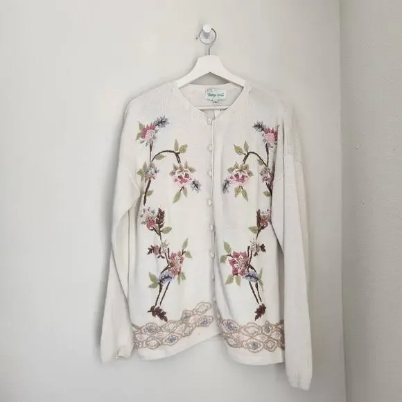 Vintage Bottega Verde Floral Embroidered Knit Cardigan Natural Fiber L - Picture 15 of 15